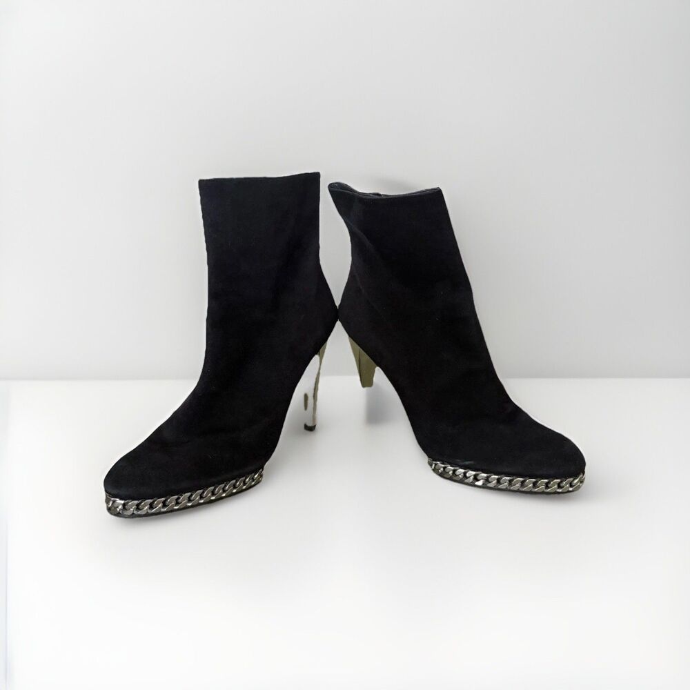 Stuart Weitzman Black Suede Ankle Boot Silver Chain Trim Chrome Heel EU 38 US 8